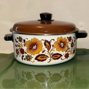 Vintage Crolls Enamel Dutch Oven Harvest Floral Pot